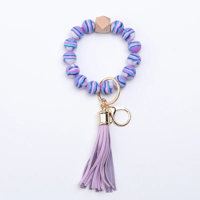 Hemasa  Silicone Bead Bracelet Tassel Keychain Colorful Stripes  Bead  Bag Key Pendant Gifts