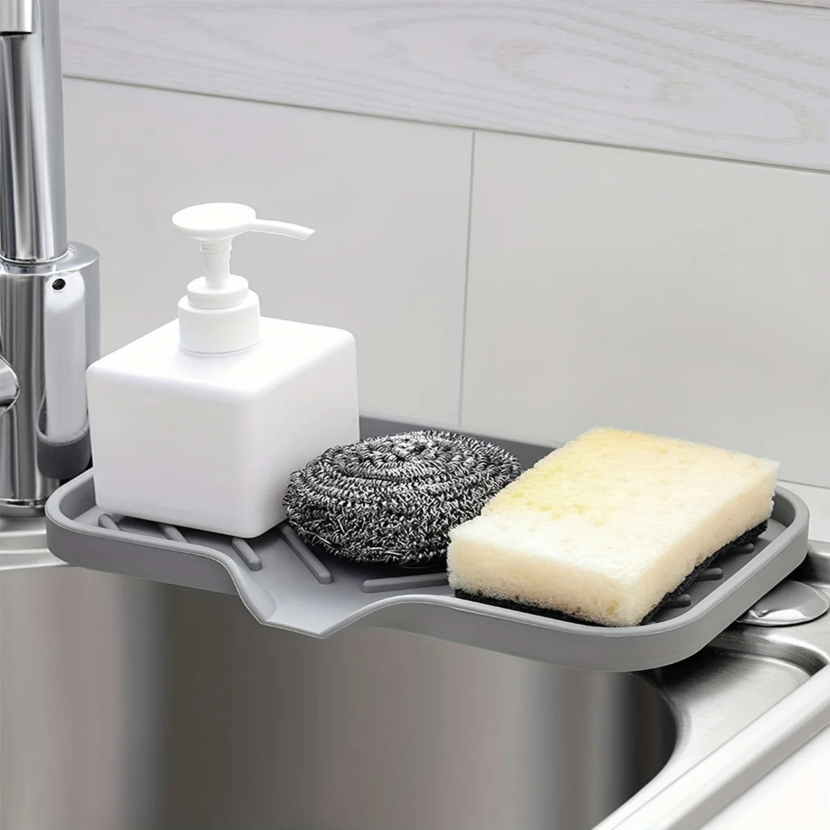 Hemasa Sink Silicone Tray With Drain Soap Sponge Storage Holder  /Sink Scrubber Brush Soap Storage Rack Kitchen Organizer