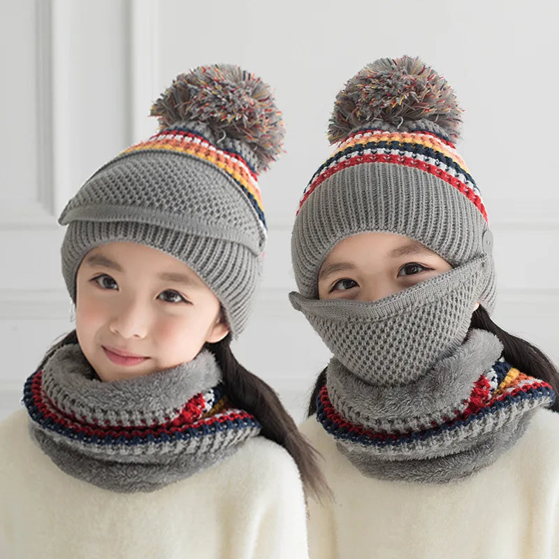 3-10 Years Old Fleece Lined Winter Hats for Girls Knit Beanie Cap Scarf Mask Set Warm Soft Slouchy Skull Cap Snood with Pom Pom
