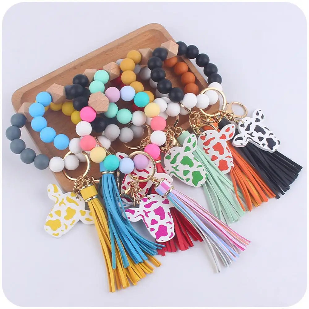 Fashion Colorful Silicone Round Beads Keychain Cartoon Cow Head Wooden Sign Keyring For Women Bracelet Tassel Pendant Key Chain