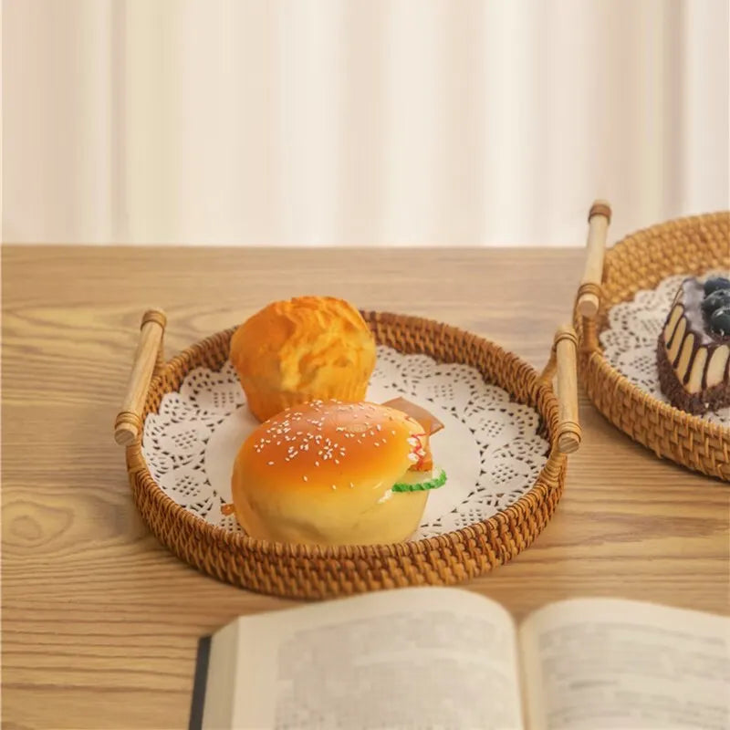Hemasa 1PC Rattan Bread Storage Woven Snacks Fruit Round Tray Picnic Binaural Tray Living Room Table Finishing