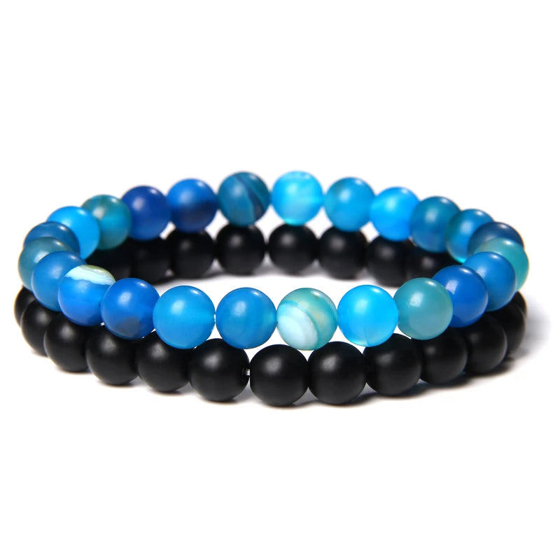 2pcs/set Beaded Bracelet Natural Stone Tiger Eye Hematite Beads Bracelet Men Energy Elastic Rope Bracelet Jewelry Couples Gifts