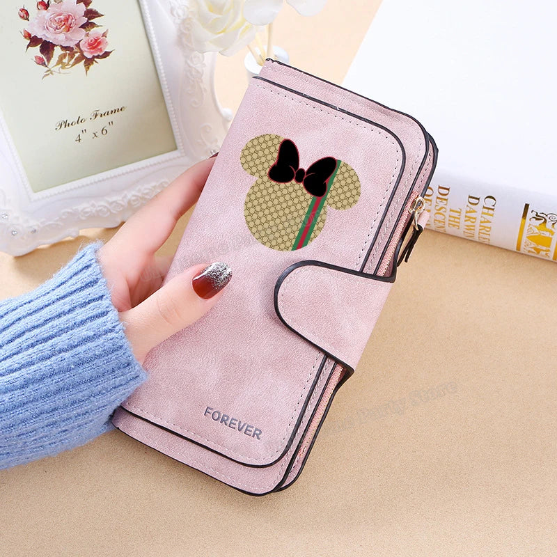 Mickey Minnie Mouse Pu Leather Wallet Women Zipper Frosted Coin Purse Ladies Credit ID Card Holder Disney Versatile Long Wallet