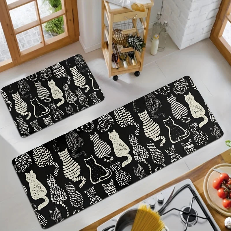 Tejesa Set of 2 Cute Black Cat Kitchen Rugs /Farmhouse Style Non-Slip Washable Floor Mats Home Decor