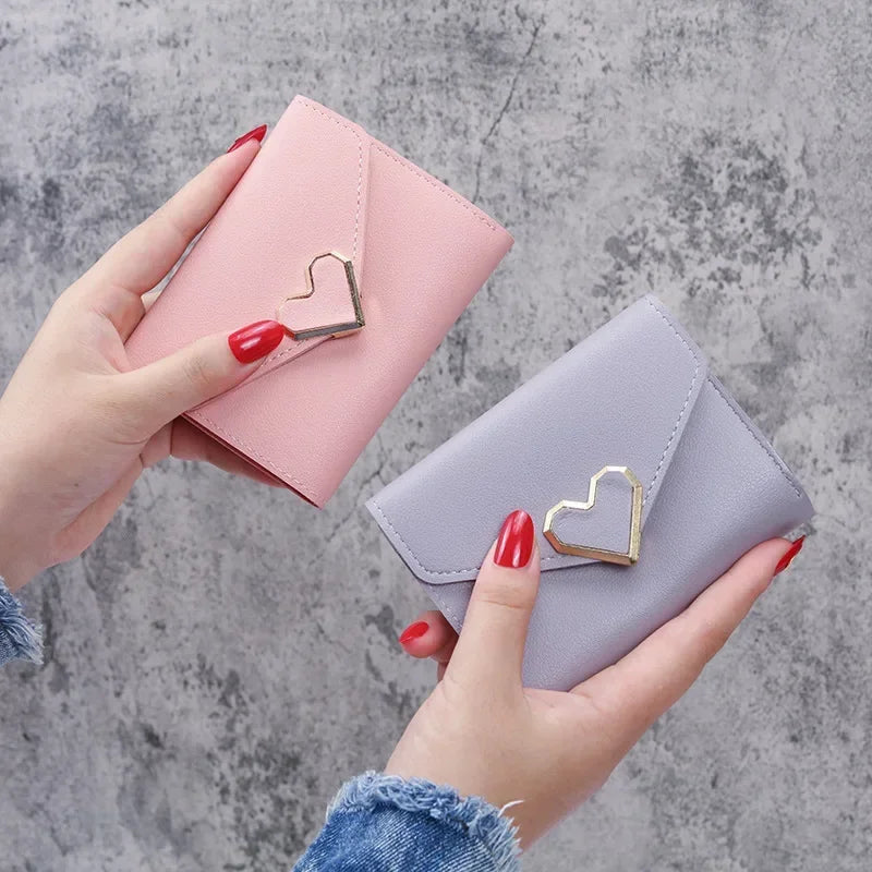 Women Heart Short Small Wallet PU Leather Folding Multi Function Clutch Bag Small Purse Female Hasp Card Holder Coin Purses