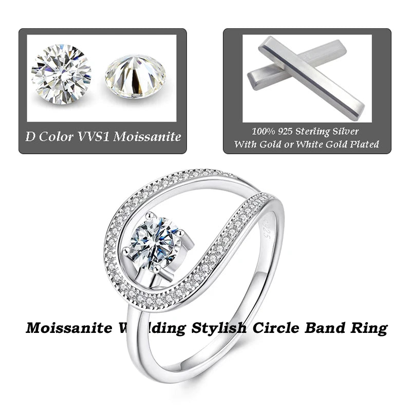 BAMOER Moissanite Wedding Stylish Circle Band Ring, 925 Sterling Silver Rings with Gold Plated Engagement Anniversary Ring