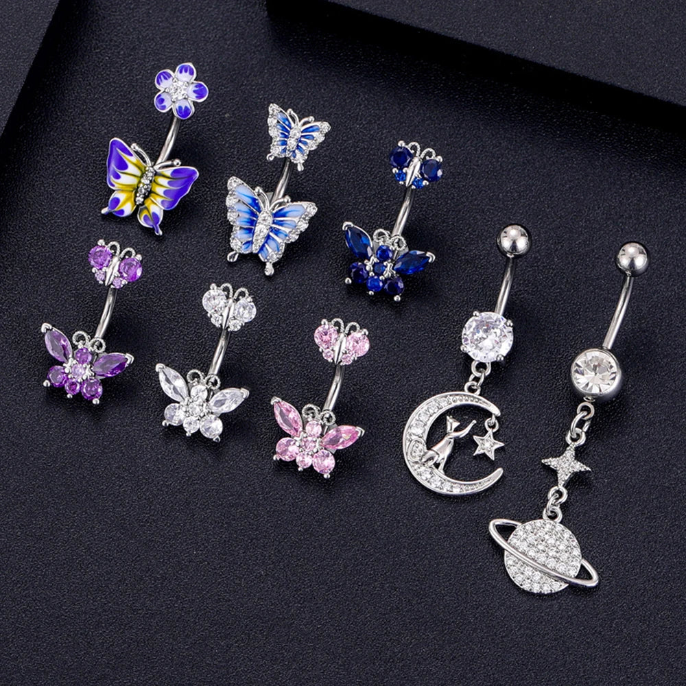 Surgical Steel Cute Butterfly Belly Button Rings Fashion Crystal CZs Dangled Navel Piercing Ombligo Women Body Jewelry 1.6*10mm