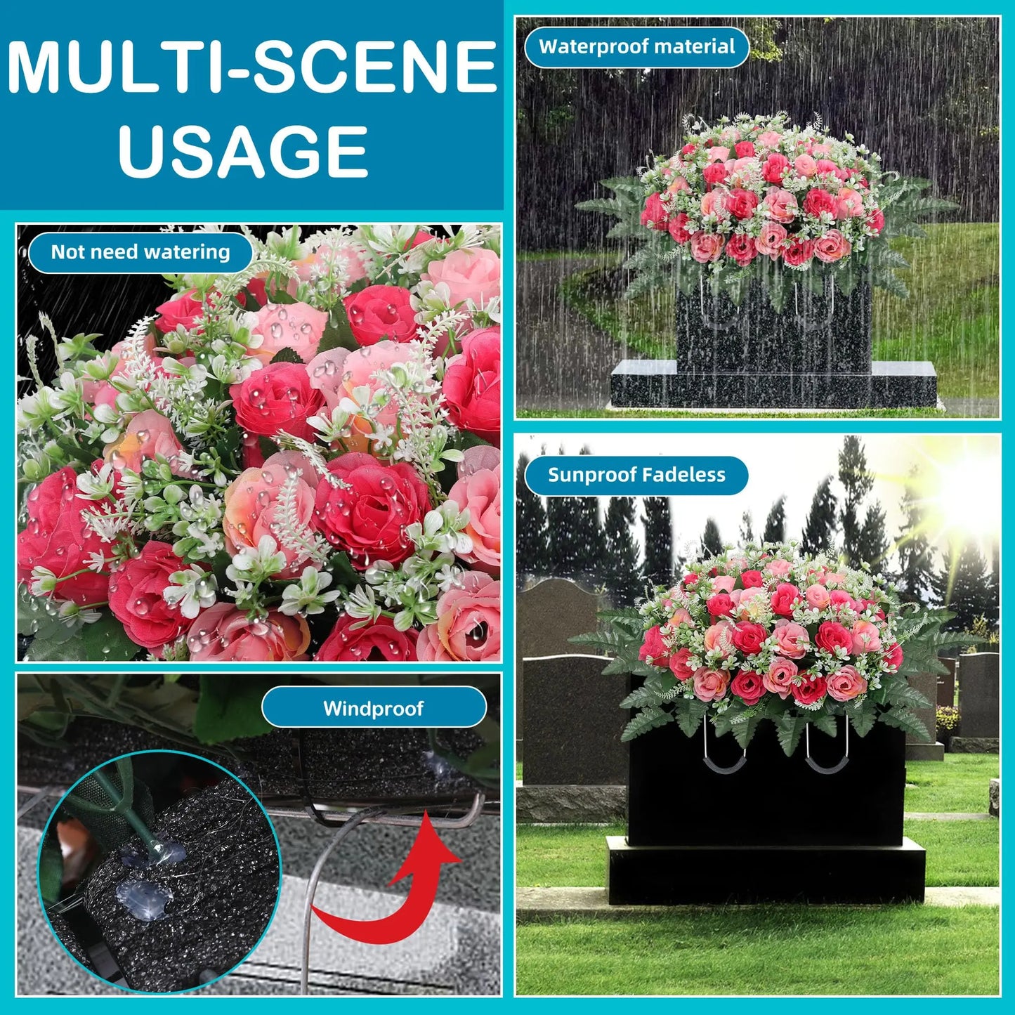 Headstone Flower Saddle, Large Artificial Cemetery Flowers for Grave, Cemetery Memorial Flowers for Outdoor Tombstone Decoration