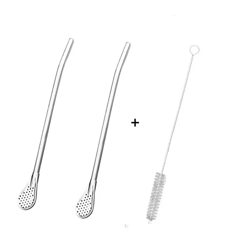 Stainless Steel Drinking Straw Spoon Tea Filter Detachable Reusable Metal Straws with Brush Drinkware Bar Party Tool Accessories