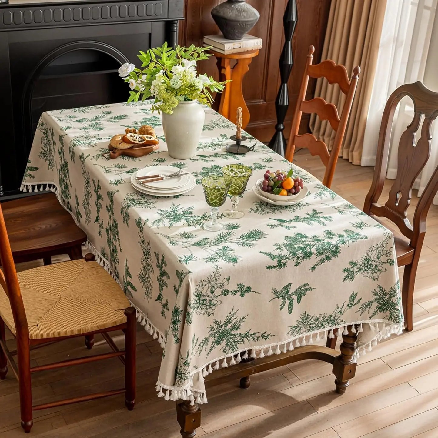Tejesa Square Cotton Linen Tablecloth with Stitching Tassels Washable Fabric Table Cover for Christmas Dining Kitchen Tea Party