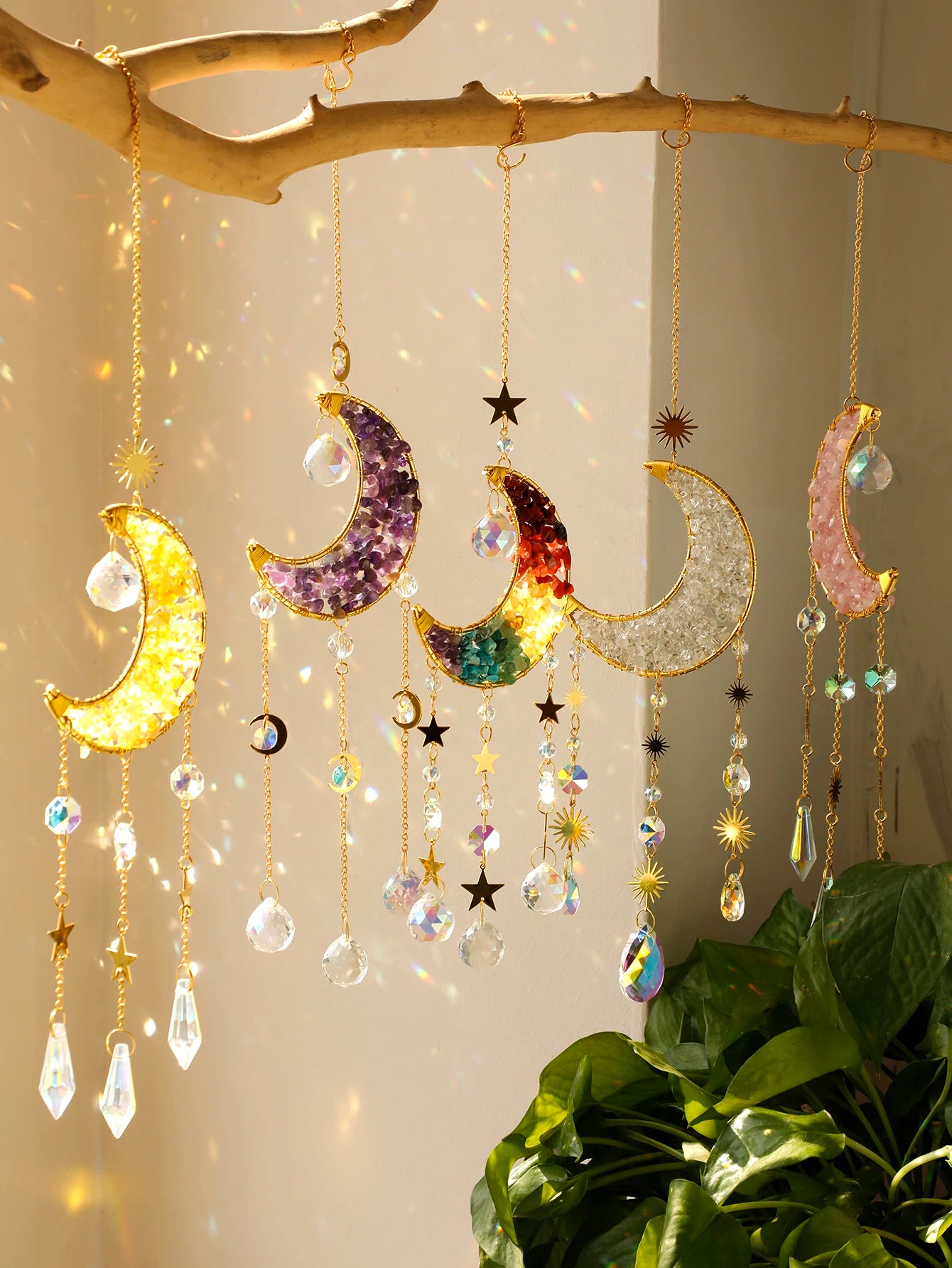 Hemasa Moon Star Crystal Suncatcher Hanging Decoration Rainbow Maker Natural Stone Light Catcher for Window Outdoor Room Ornament Gift