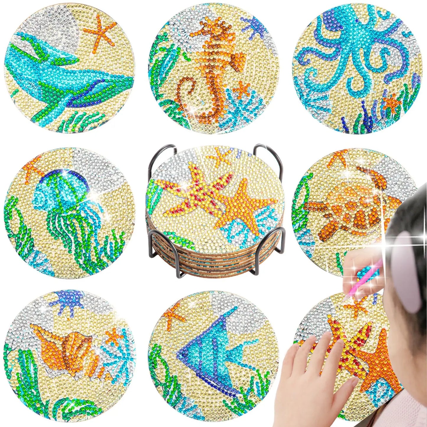 Hemasa 8pc/sets Mandala Diamond Painting Coasters  / Acrylic  Diamond Art Coasters