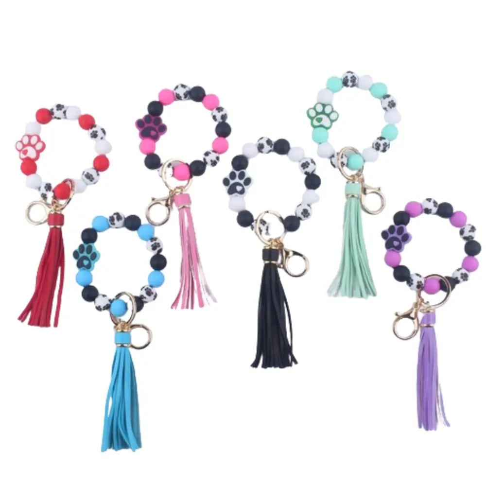 Creative Wristlet Keychain Portable Silicone Beaded Dog Claw Pendant Bracelet with Leather Tassel English Alphabet
