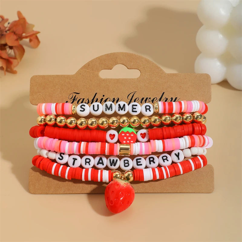 Hemasa Sweet Strawberry Pendant with Polymer clay   Beads Adjustable  Bracelets Set for Women