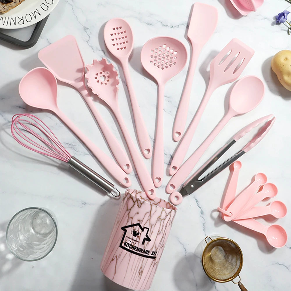 Hemasa Pink 18Pcs Food Grade Silicone Kitchen Cookware Utensils Turner Spatula Measuring Spoon Practical Cooking Tool Kitchenware Set