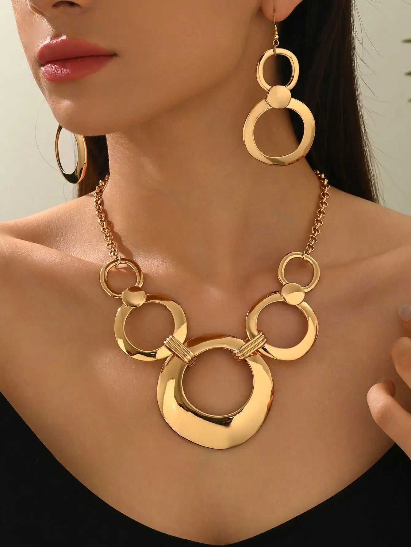 Gold Multi-Layer Ring Necklace And Earring Set 2026 New Style Simple High-End Stacked Design Versatile Daily Gift Jewelry