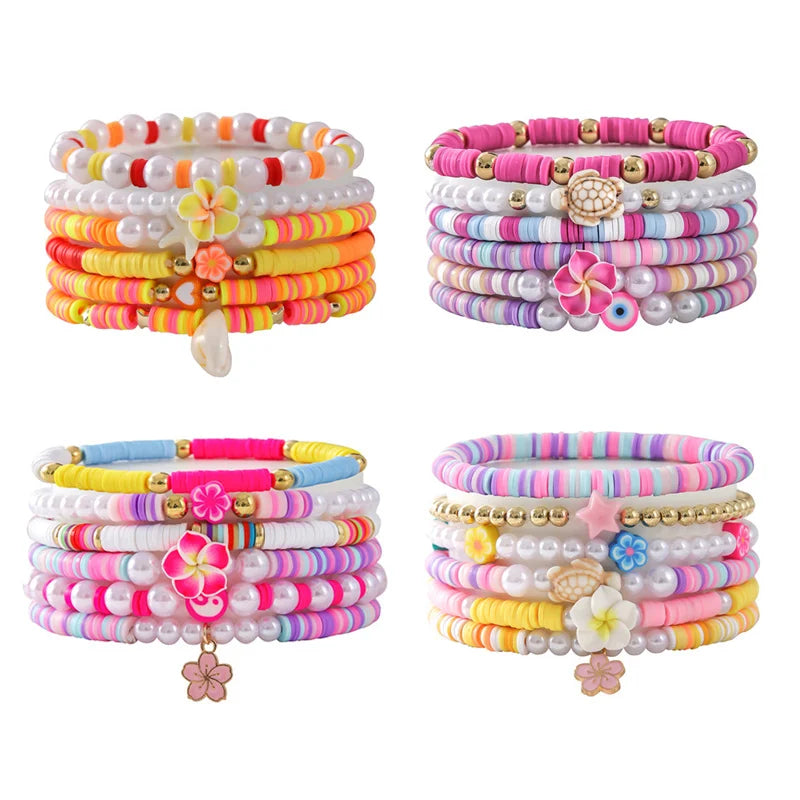 Hemasa Bohemian Colorful Polymer Clay Beaded Bracelets for Women /Pretty Flowers Shell Adjuatble Tassel Jewelry