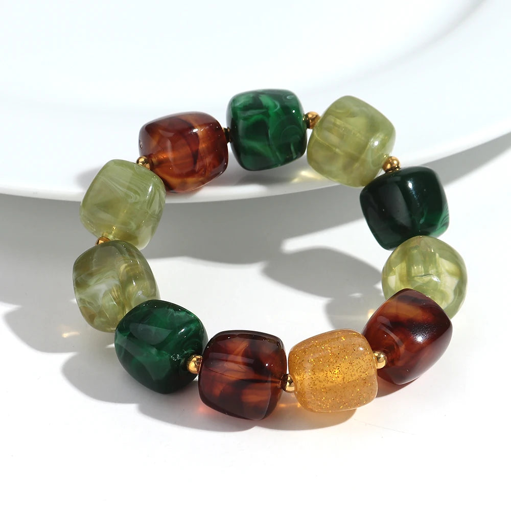 New Multicolor Acrylic Geometric Bead Bracelet for Women Trendy Resin Irregular Square Elastic Bracelets Handmade Jewelry Gift
