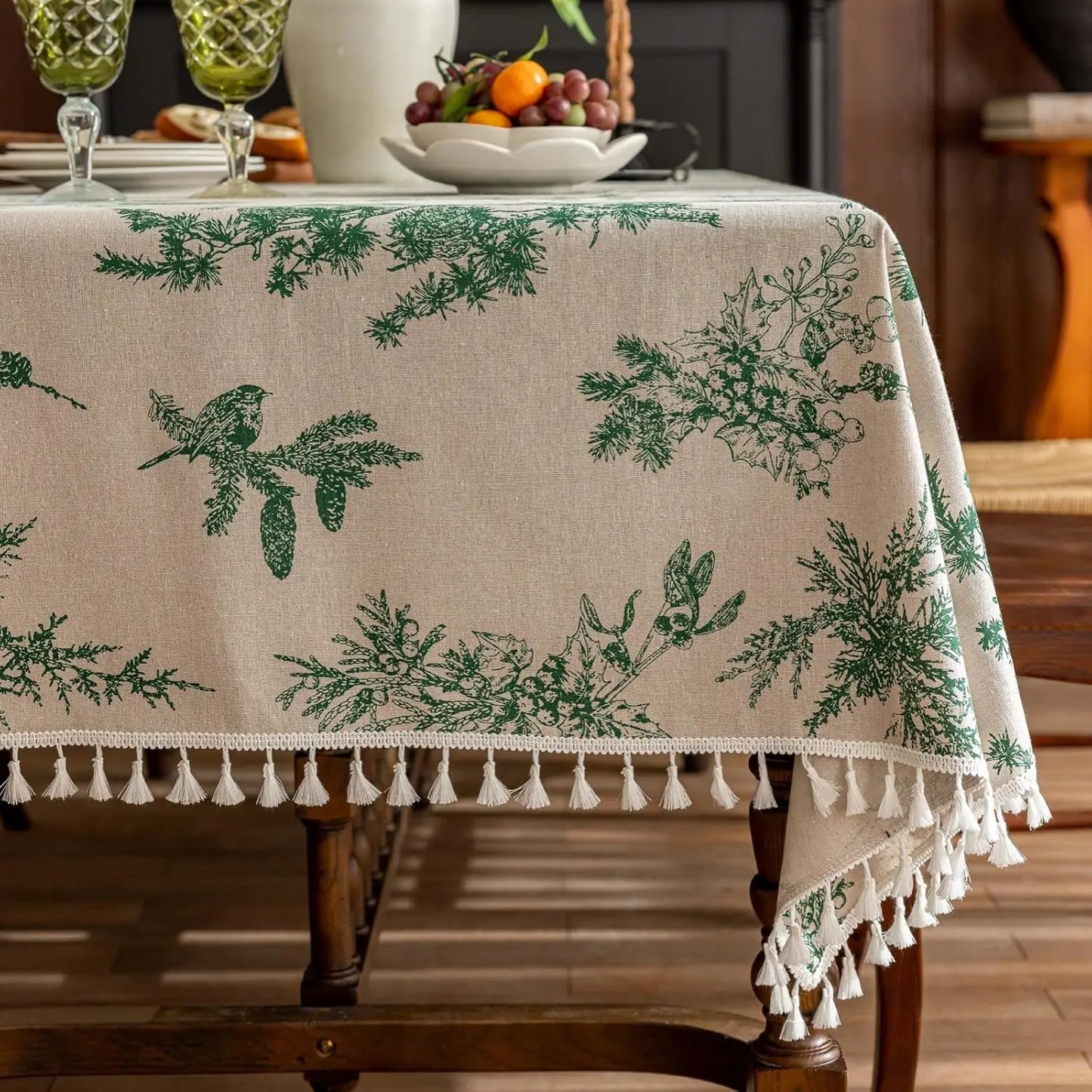 Tejesa Square Cotton Linen Tablecloth with Stitching Tassels Washable Fabric Table Cover for Christmas Dining Kitchen Tea Party