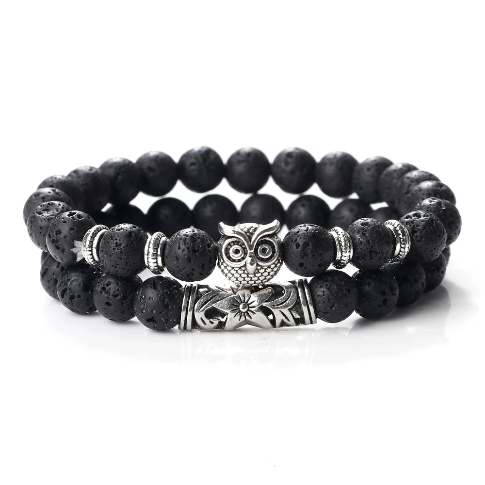 Hemasa Natural Stone Beads Bracelet  /Owl Beads  and  Black Lava Onyx Beads Bracelets
