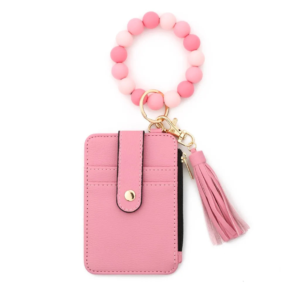 Hemasa Bohemian Style Card Holder Bracelet Keychain Floral Design Faux Leather Beaded Tassel Keychain Tassel Beaded Detail