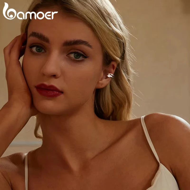 BAMOER Mono White Gold Plated Double-layered Moissanite Ear Cuff 925 Sterling Silver Ear Clip Moissanite Earrings for Women