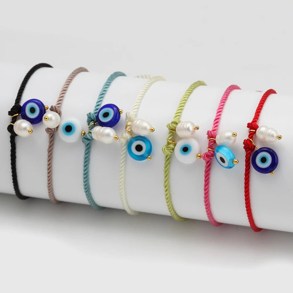 Lucky Eye Braided Rope Bracelet Adjustable Turkish Evil Eye Freshwater Pearl Bead Bracelet for Women Men pulseras bijoux צמידים
