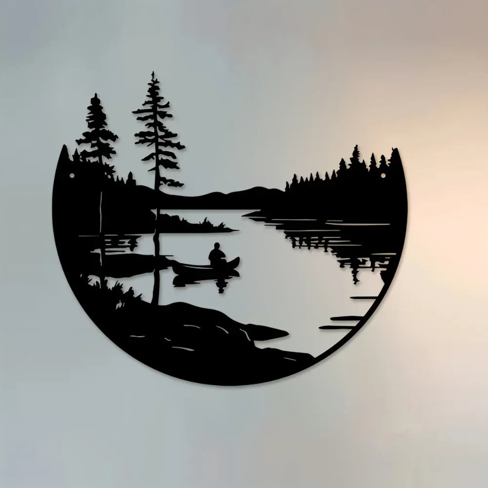 Hemasa 1 pc of bohemian style metal wall art scenic lake and mountain silhouette round outdoor sculpture home and patio wall decoration
