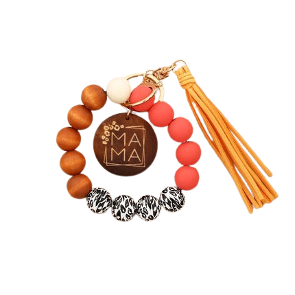 Hemasa Silicon Beads MAMA Monogram Wood Blank Wooden Disc Bracelet Tassel Keychain Wristlet Gift for Her Key Ring