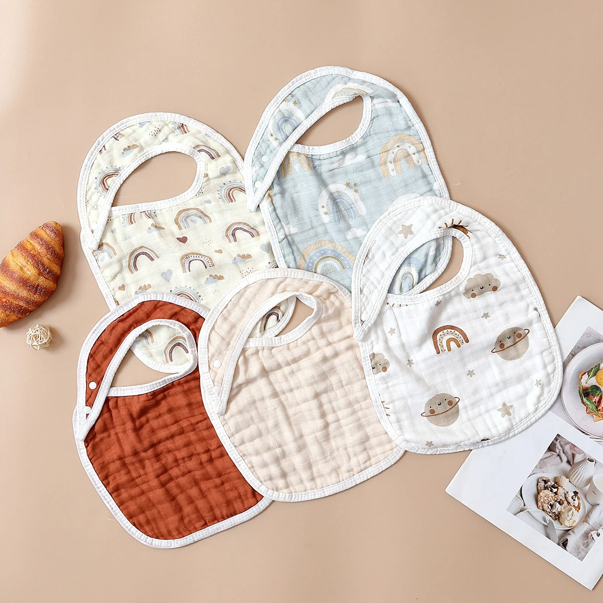 Tejesa 5pcs Set Breathable Bamboo Cotton New born Muslin Feeding Bib/ Antibacterial Baby Burp Cloth