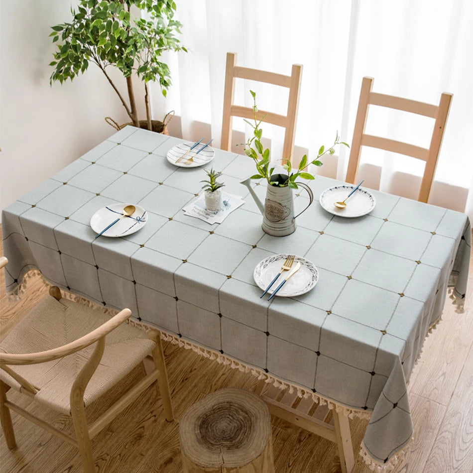 Cotton Linen Embroidery Tassel Tablecloth,Grey Large Square Dust-Proof Table Cover,for Kitchen Dinning Coffee Tabletop Decor
