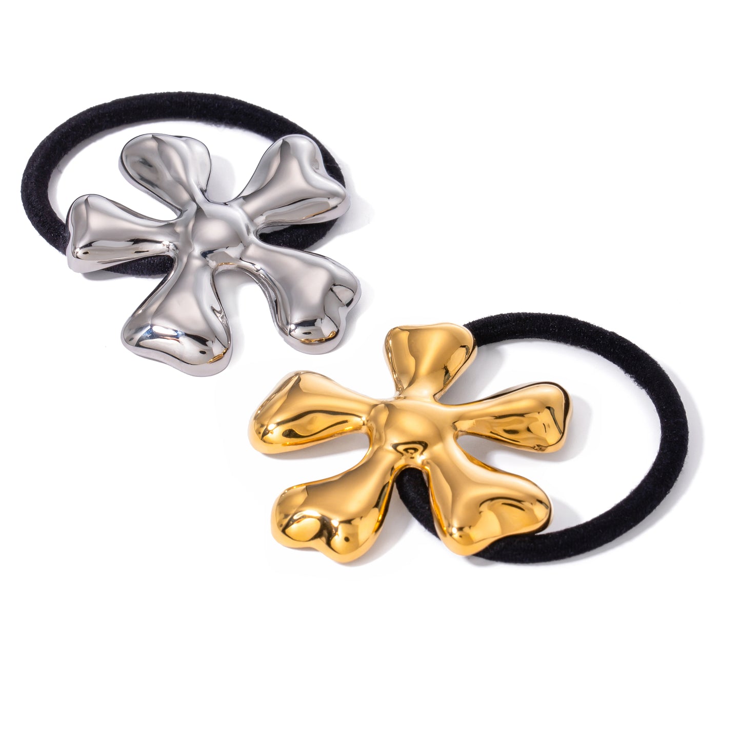 Hemasa Stainless Steel 18K Gold Plated French Style Irregular Flower Hair Ring Hair Rope Black Rubber Hairbands Ponytails Buckle