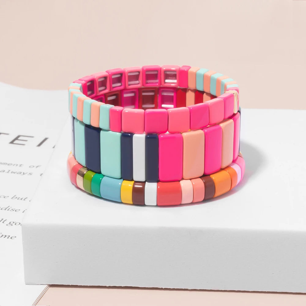 Hemasa Enamel Tile Bead Elastic Bracelet For Women/Girls