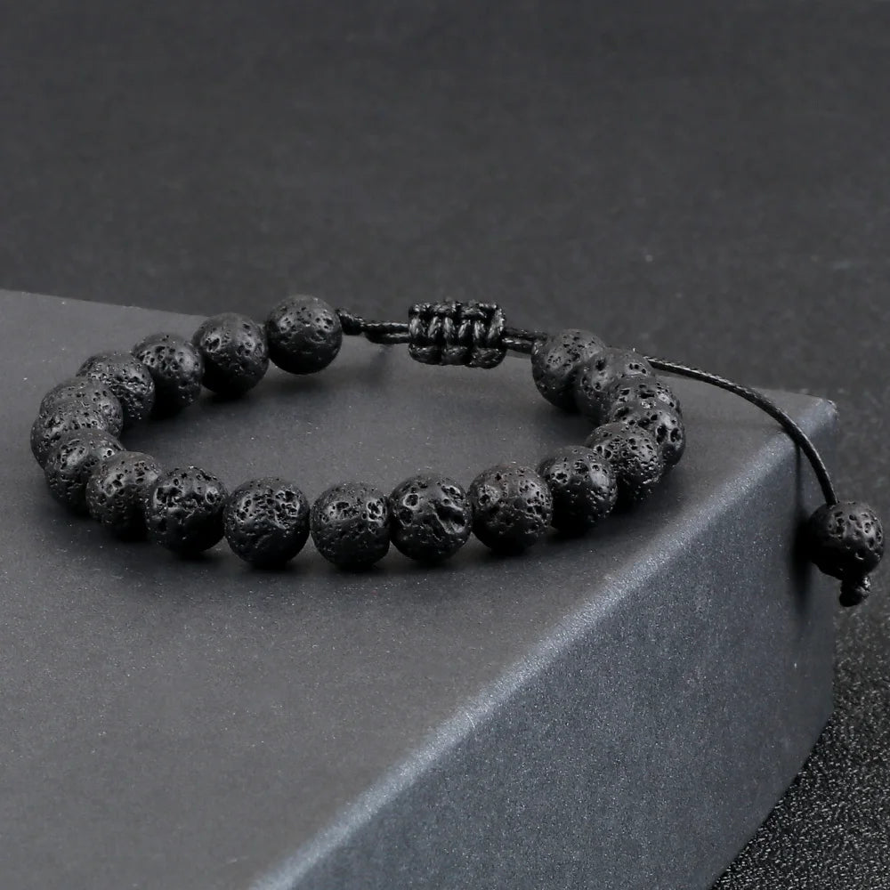Hemasa 8mm Tiger Eye Stone Beads Bracelet Adjustable Braided Rope Bangles/ Natural Lava Rock Men Women Yoga Healing Balance Bracelets