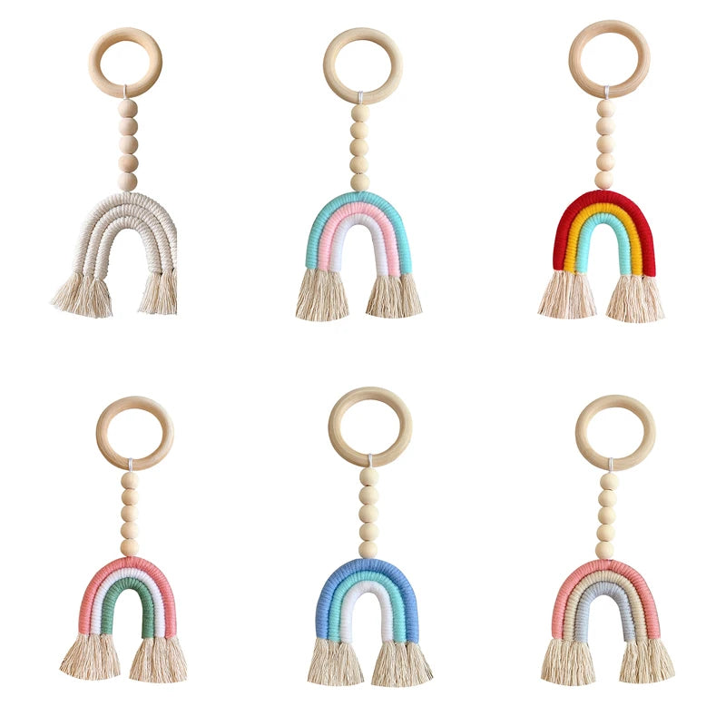 Handmade Woven Cotton Rope Rainbow Decoration Natural Wooden Bead Tassels Garland String Wall Hanging Ornament Home Decoration