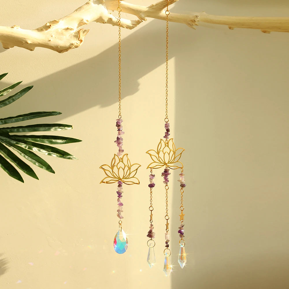 Hemasa 2Pcs Suncatcher Amethyst Lotus Decor Natural Stone Reiki Sun Catcher Window Crystal Prism
