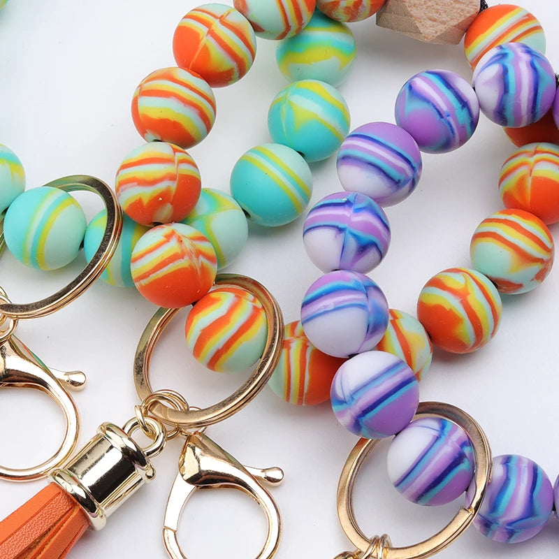 Hemasa  Silicone Bead Bracelet Tassel Keychain Colorful Stripes  Bead  Bag Key Pendant Gifts