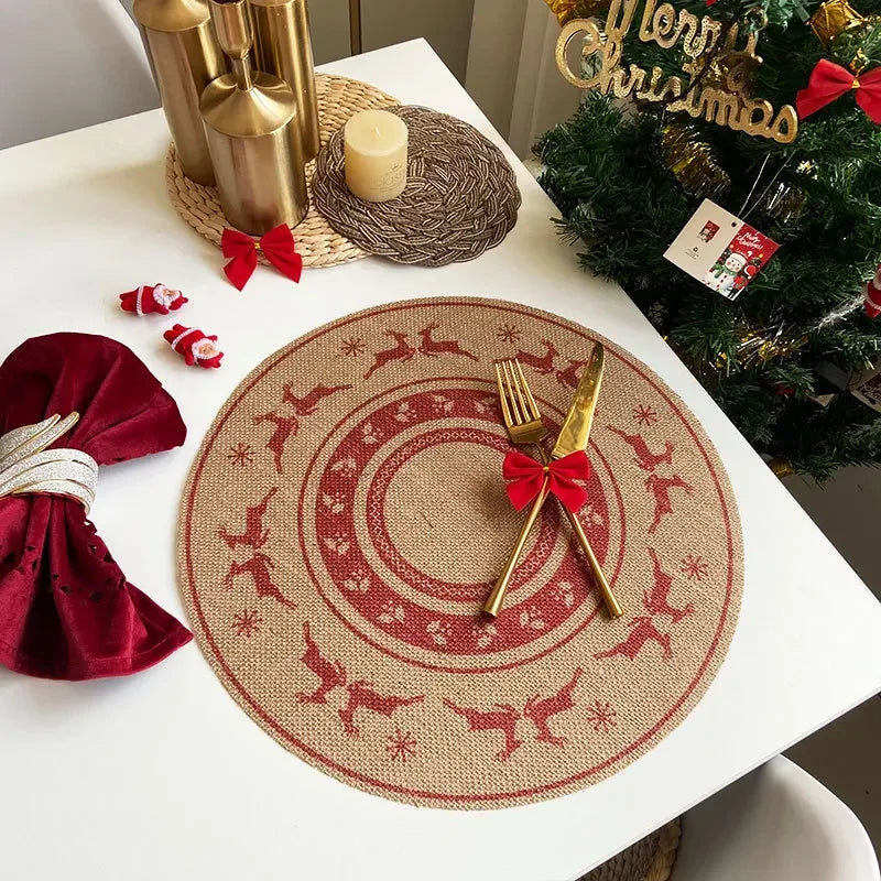 Christmas Retro Jute Placemat Round Printed Woven Dining Table Mat with Wool Ball Heat-Resistant Home Decorative Coffee Cup Mats