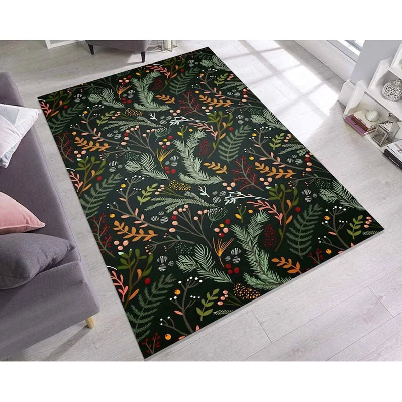 Hemasa Winter Rug/ Dark Forest Leaf Carpet/ Rug, Cozy Greenery Botanical Rug/ Festive Christmas Rug