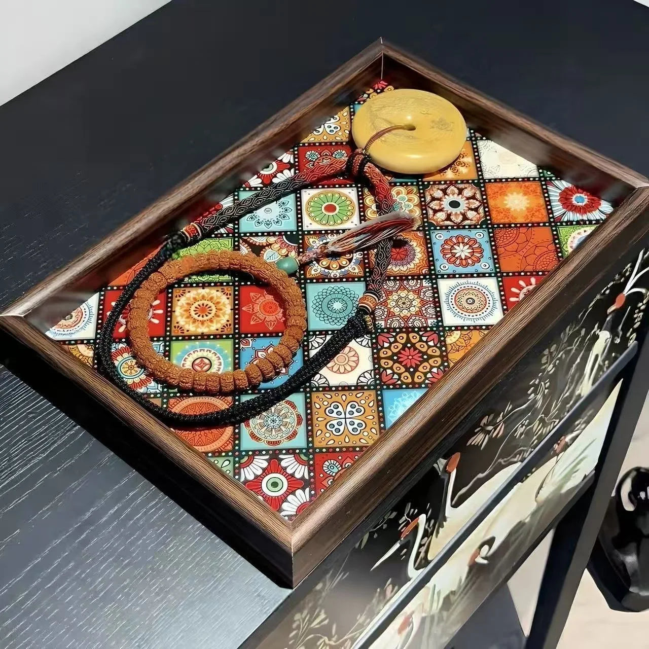 Tejesa Bohemian Style Wooden Leather Storage Tray for Living Room Desktop Jewelry Decorative Tray