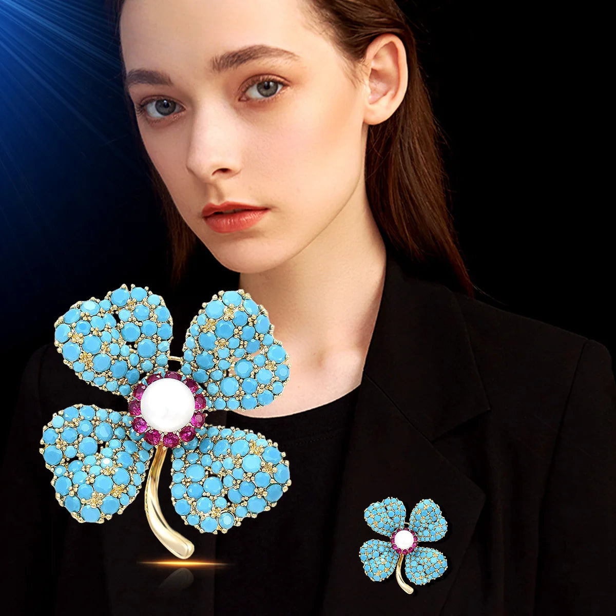 Synthetic blue turquoise four-leaf clover brooch, creative and high-end freshwater pearl brooch, versatile corsage for coat