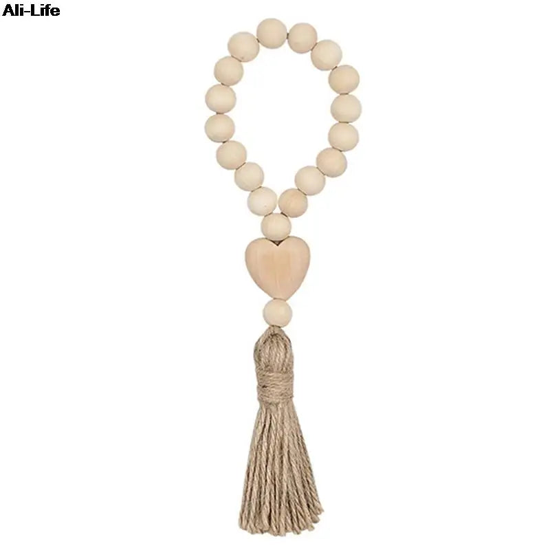 1Pc Log Color Wood Bead Garland Rustic Wall Hanging Hemp Rope Tassel Beaded with Heart Knot Woven Pendant Home Decoration