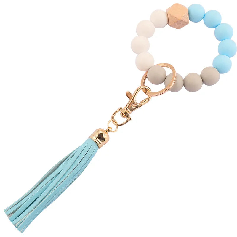 Hemasa  Silicone Wood Beads Keychain Keyring For Women Wristlet Bracelet Pendant Keychain With Jewelry Accessories