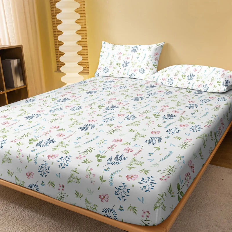 Hemasa White  modern Plant Flower printed matte Fitted Sheet, bedroom printed bed cover, bedding (excluding pillowcases)