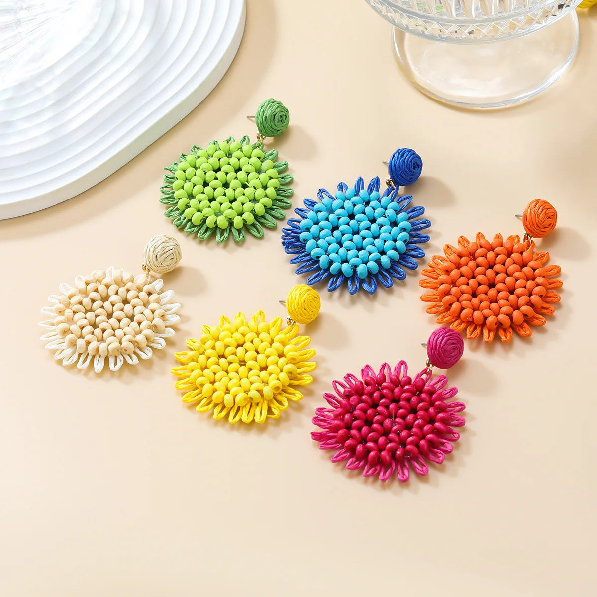 Colorful Flower Bohemia Earrings Women Creative Lafite Weaved Beaded Flower Earrings Summer Holiday Statement Jewelry Wholesale