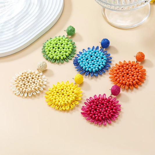 Colorful Flower Bohemia Earrings Women Creative Lafite Weaved Beaded Flower Earrings Summer Holiday Statement Jewelry Wholesale