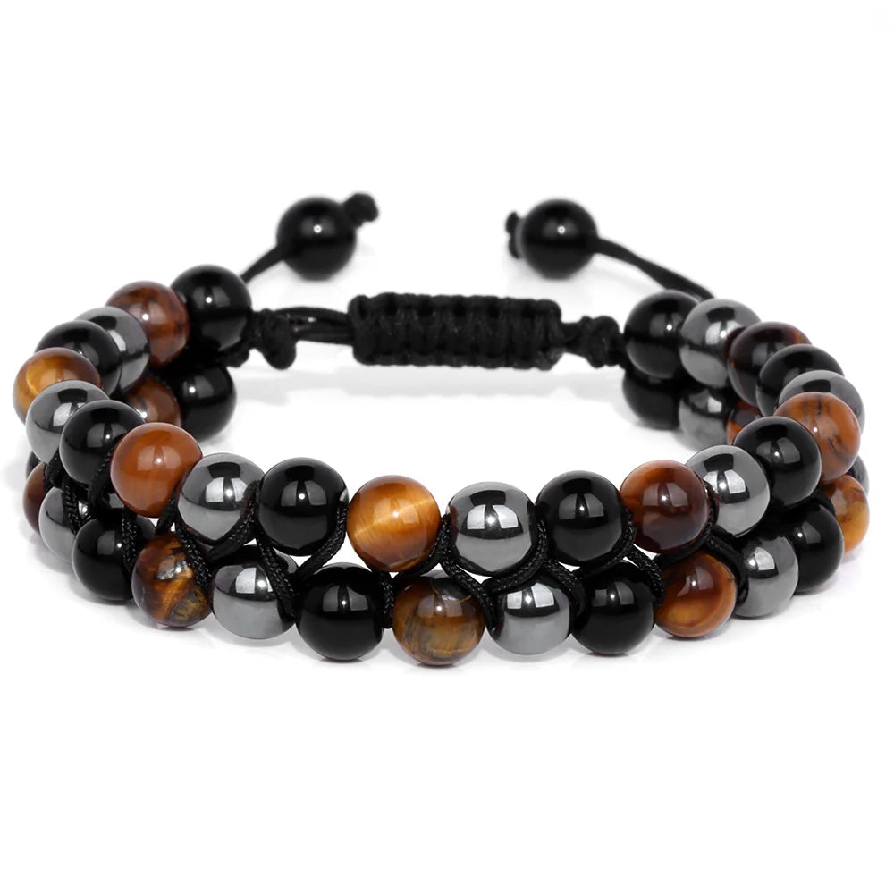 Tejesa Triple Protection Bracelet 6mm Beads Black Obsidian Hematite Tiger Eye Rope Bracelet for Men Women Weight Loss Slimming Bangle