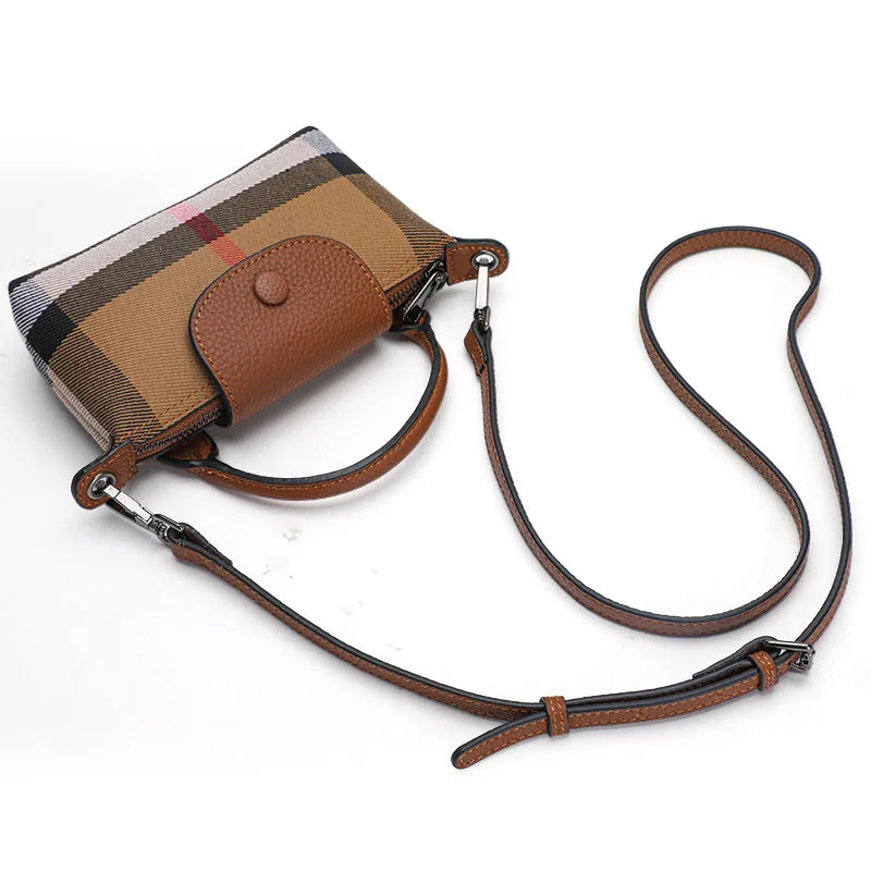 Checkered pattern single shoulder crossbody women's bag, canvas with cowhide mini bag, mobile phone bag