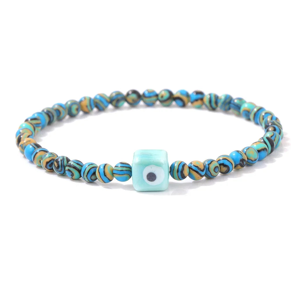 Tejesa Square Eye Bracelet Natural Stone 4mm Beads Elastic Bracelets for Women Men Turkish Evil Eye Lucky Protection Blessing Jewelry