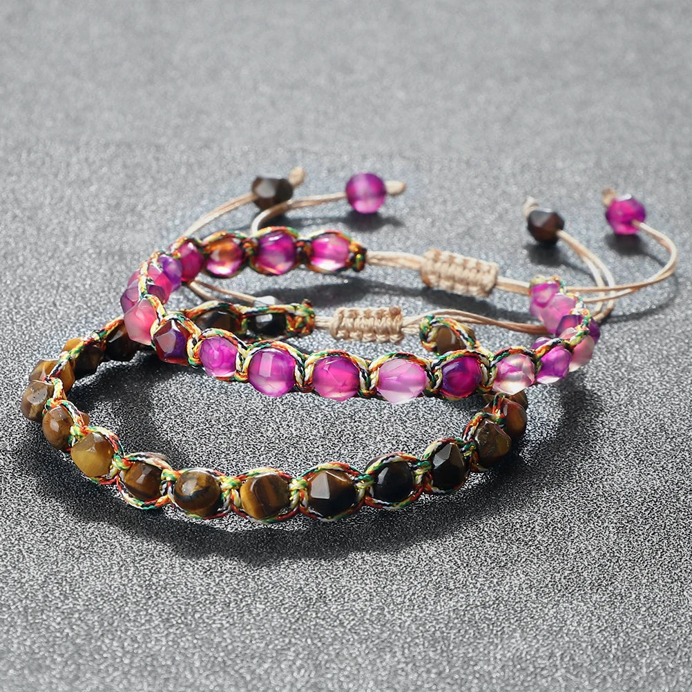 Fashion 6mm Cut Surface Natural Agate Tiger Eye Stone Bracelets Handmade Colorful Nylon Rope Braided Bracelet Jewelrys Women Men